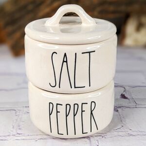 Rae Dunn SALT & PEPPER Ceramic 2 Piece Stacking Cellar Set with Lid